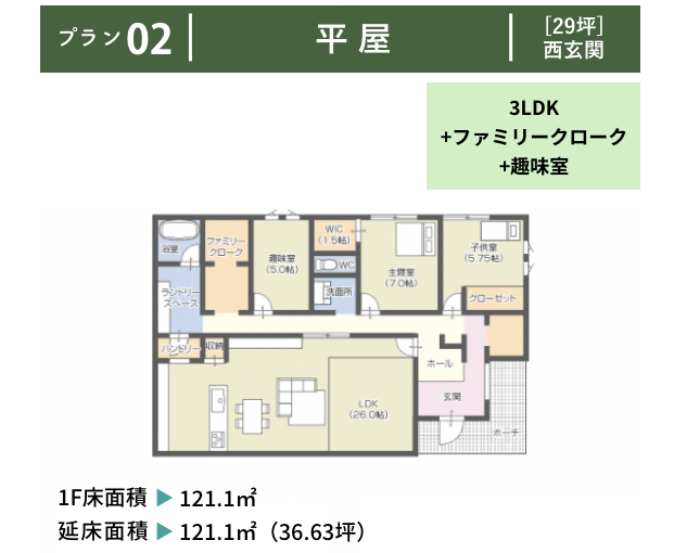 プラン２：平屋、２９坪西玄関。